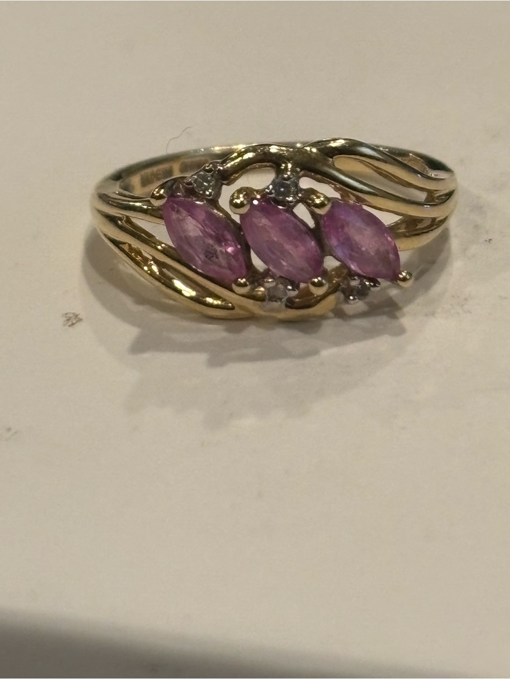 14KT Gold Marquis Pink Sapphire and Diamond Swirl Ring
